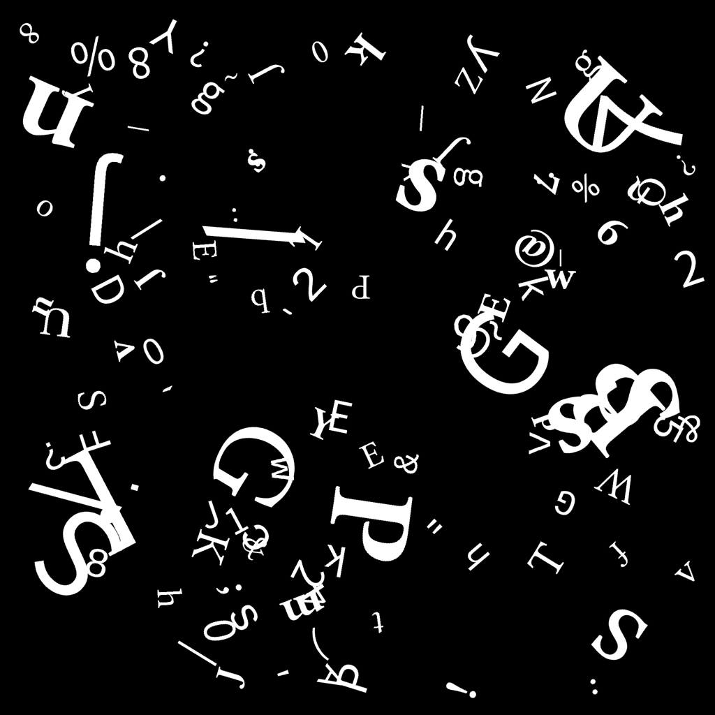 source image with randomly placed white letters on black background